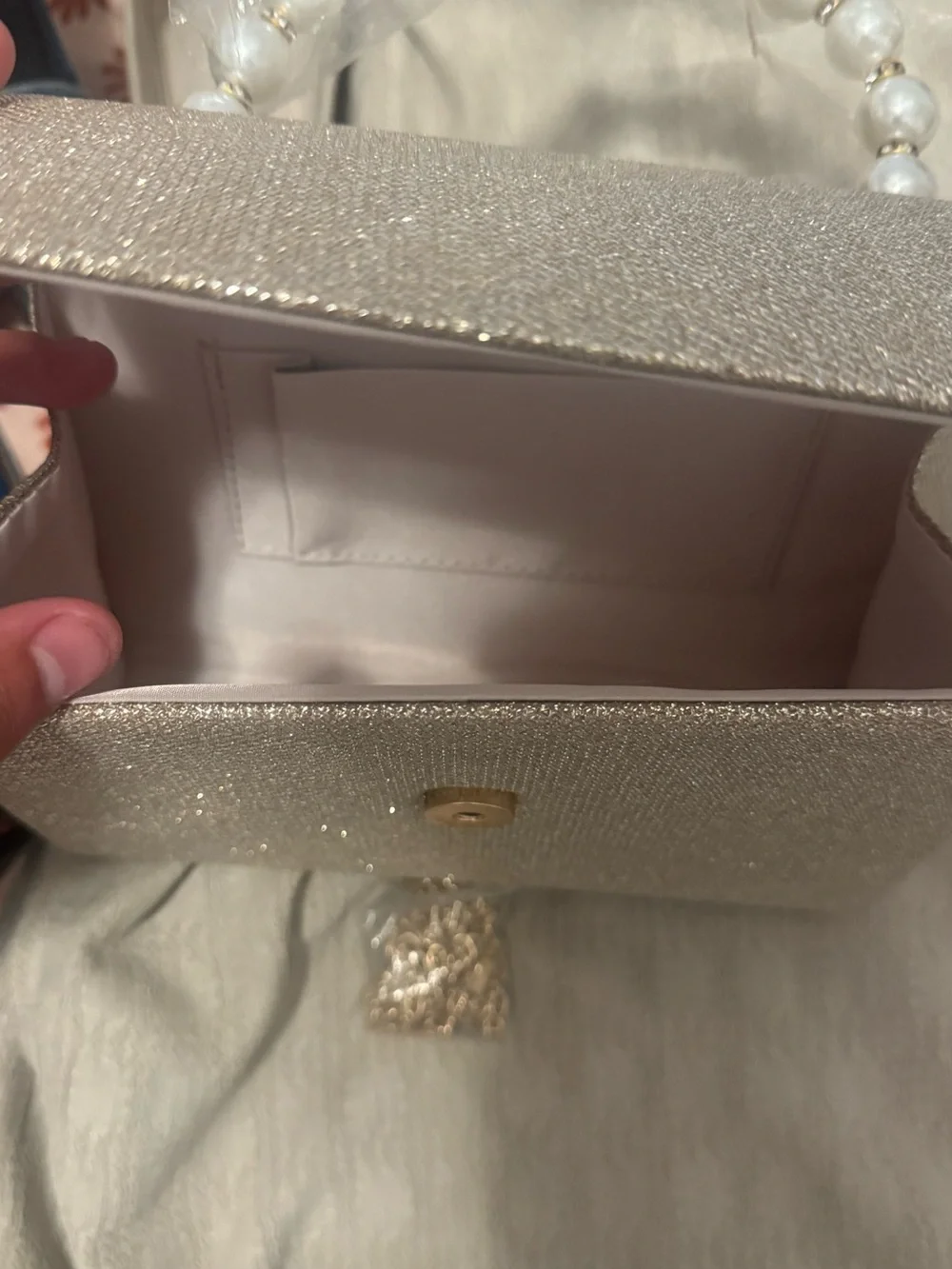 Sparkle Pearl Handle Evening Clutch in Champagne